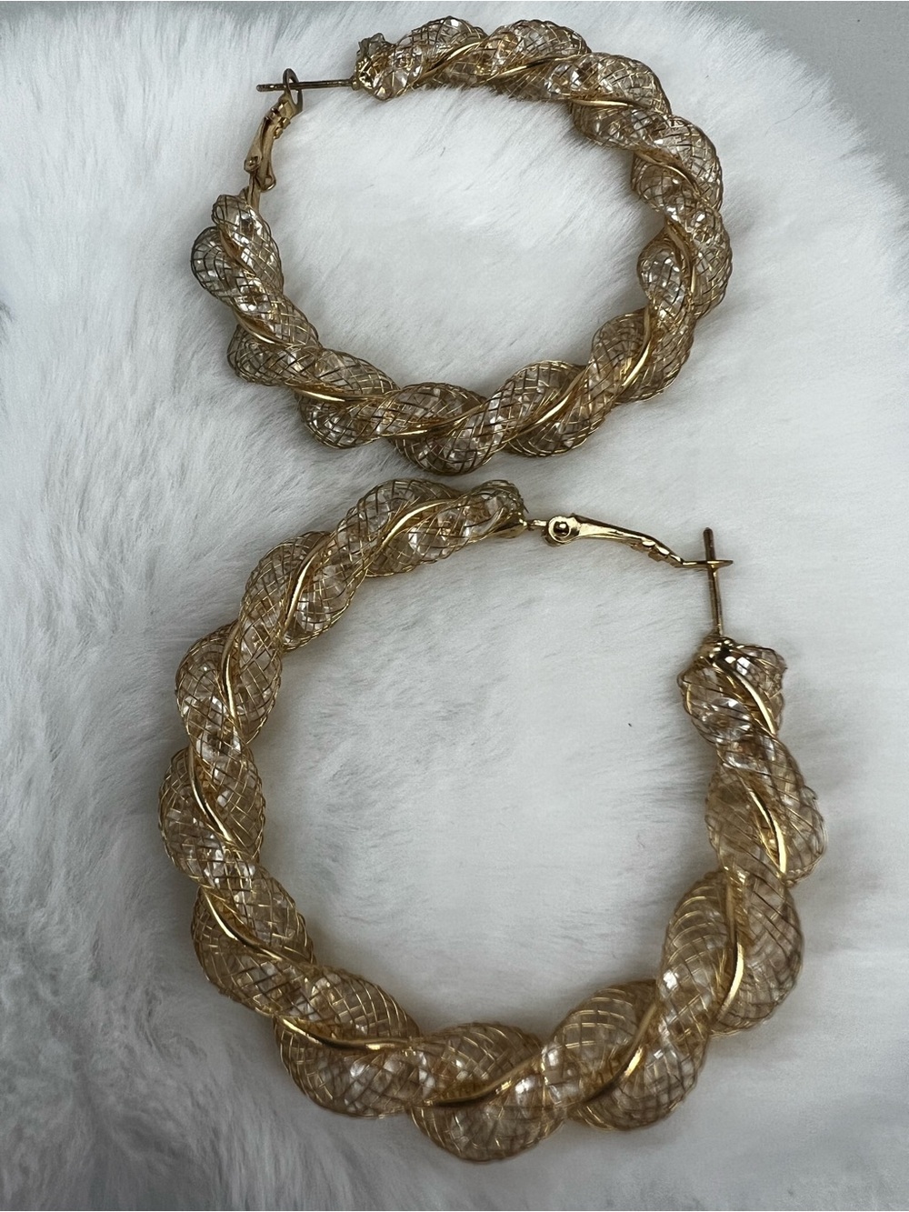 Gold Mesh Twisted Statement Hoop Earrings Large 2"